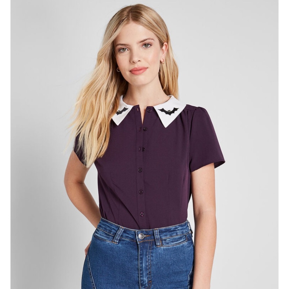 Modcloth short sleeve collared Halloween bat top
